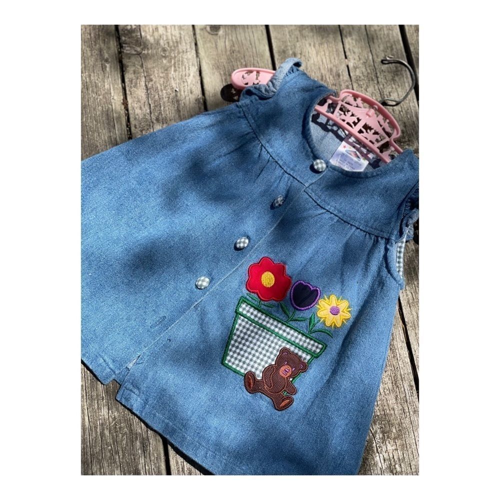 Denim Jumper Dress Teddy Bear Flowers Embroidery Sz 24M